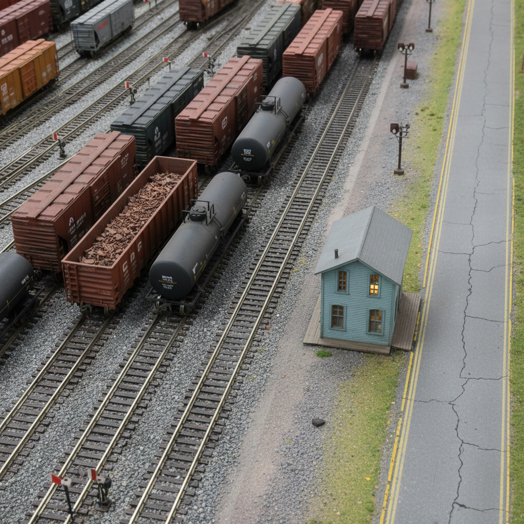 A close-up photographic view of a highly realistic HO-scale switching yard on the Iron Mountain division, featuring multiple parallel tracks filled with varied rolling stock: rust-streaked boxcars, tank cars with subtle grime, and an open gondola loaded with tiny scrap metal. A small yard office building with peeling paint and a dimly lit interior sits adjacent to a gravel access road marked by faded striping. Cool, even overhead layout lighting mimics a bright but overcast day, reducing harsh shadows and emphasizing detail in ballast texture, switch stands, and track joiners. Captured from a slightly elevated three-quarter angle with sharp focus throughout, the composition follows the rule of thirds, creating an organized yet industrious mood ideal for showcasing the operation-focused side of the model railroad.
