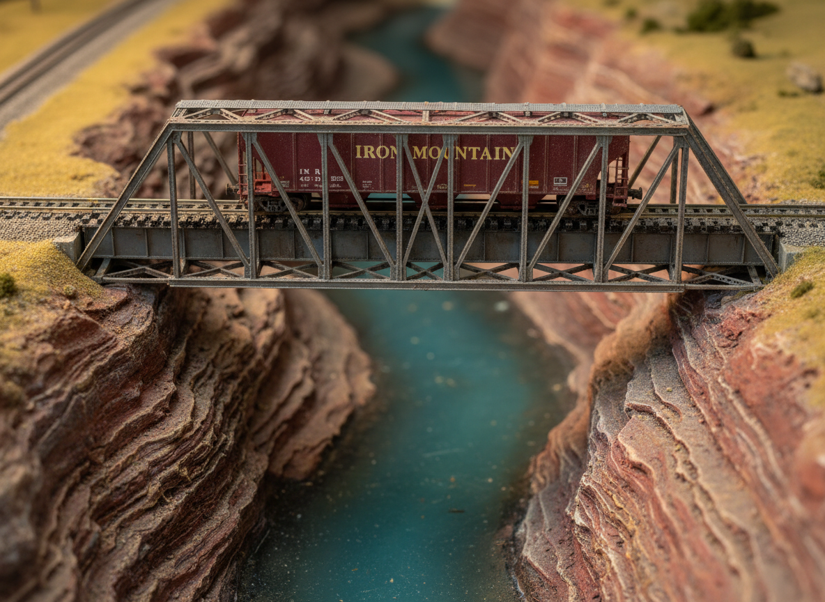 An intimate macro shot of a detailed HO-scale bridge scene on the Iron Mountain route, showcasing a steel truss bridge with finely riveted girders spanning a rocky gorge. Below, a shallow modeled river with glossy resin water meanders past exposed strata in carefully painted rock faces. The track is realistically weathered, with rust-tinted rails and oily darkened ties. A single covered hopper car is frozen mid-span, its decals crisp and corners dusted with powdery ‘road dust.’ Warm, angled layout lighting simulates late afternoon sun, creating gentle highlights on the steel beams and soft shadows under the truss. Photographic realism with shallow depth of field draws focus to the bridge and car, while the gorge fades into a soft blur, evoking a serene yet dramatic mountain railroading atmosphere.