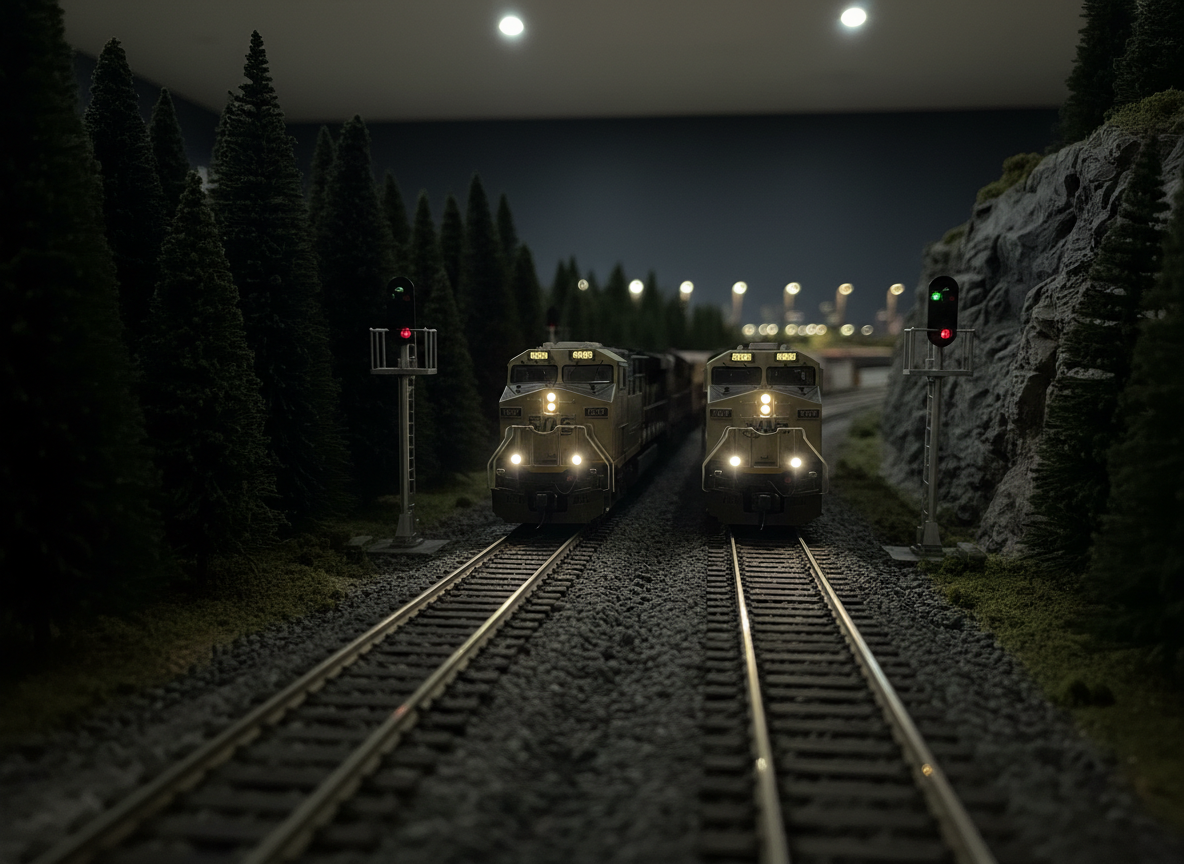 An ultra-realistic night operation scene on the Stoney Creek & Iron Mountain Railroad, with a pair of HO-scale road locomotives idling on a passing siding, their tiny LED headlights and number boards casting sharp beams across the ballast. Nearby signal masts glow red and green, reflecting subtly off the rails and weathered locomotive bodies. The surrounding landscape is a shadowy pine forest with a rock cut illuminated only by the train’s lights and a faint simulated moon glow from dim overhead LEDs. Photographic realism, shot from a low, railhead-level angle with shallow depth of field, produces dramatic bokeh from distant yard lights. The mood is atmospheric, cinematic, and slightly mysterious, highlighting the immersive nighttime experience of the layout without any human figures.