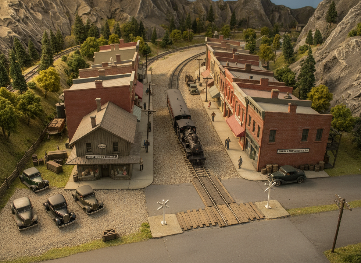 A highly detailed overhead photographic view of a compact HO-scale mountain town served by the Stoney Creek & Iron Mountain Railroad. The main street curves gently parallel to the track, lined with carefully weathered brick storefronts, a small depot with period-correct signage, and a gravel parking lot with vintage cars. The railroad main line crosses a paved road via a timber grade crossing with realistic crossbucks and embedded rail. Soft, directional LED lighting mimics mid-morning sunlight, casting defined but gentle shadows behind buildings and rolling stock, emphasizing rooftop textures and subtle roof weathering. Captured from a bird’s-eye perspective with sharp focus across the entire frame, the composition feels organized yet organic, creating an inviting, community-centric mood that reflects a place for enthusiasts to gather and explore in miniature.